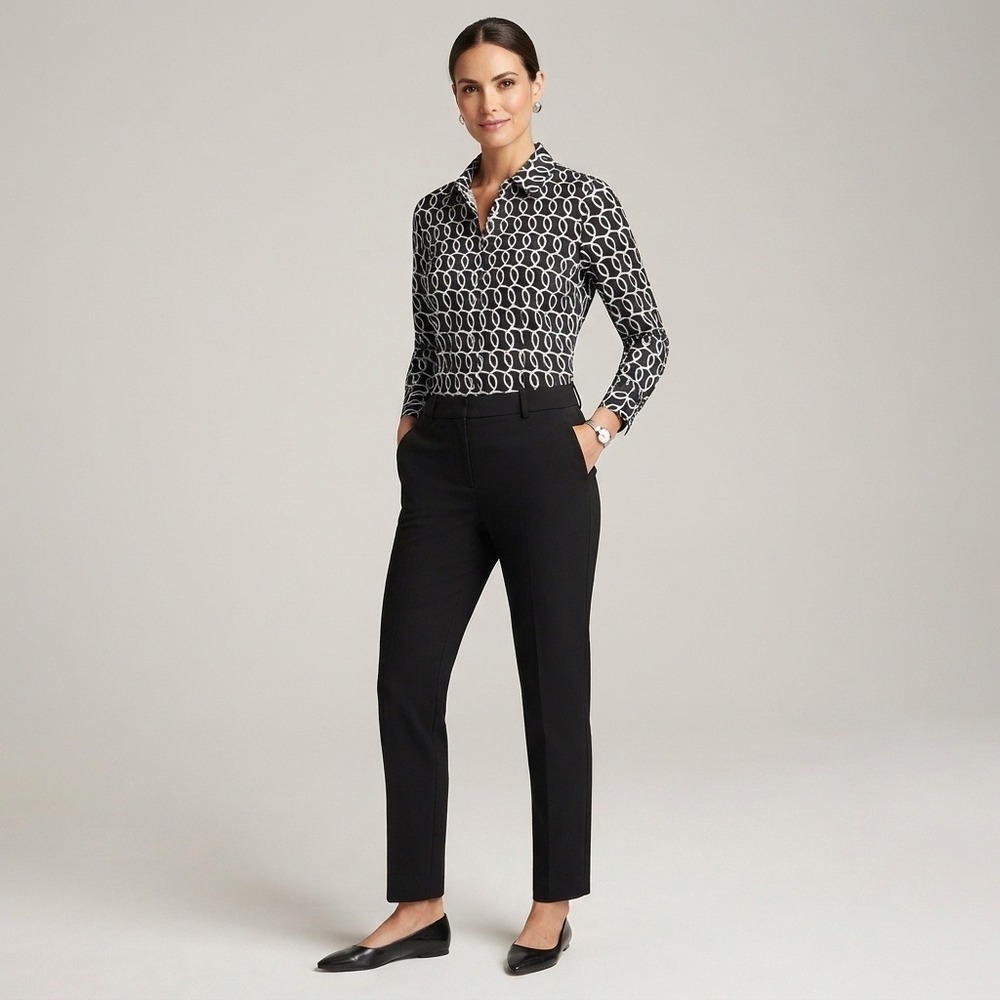 Chico's No-Iron Cotton Button Down Shirt Geometric Chain Print Black White Small